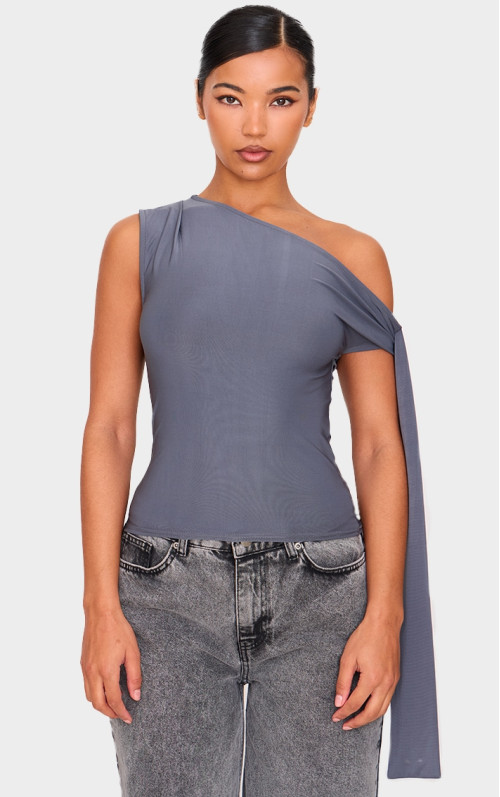 Сірий довгий топ з асиметричною обтяжкою і зав’язкою