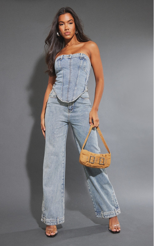 Джинси з прямими штанинами середнього кольору з витираним поясом і подолом