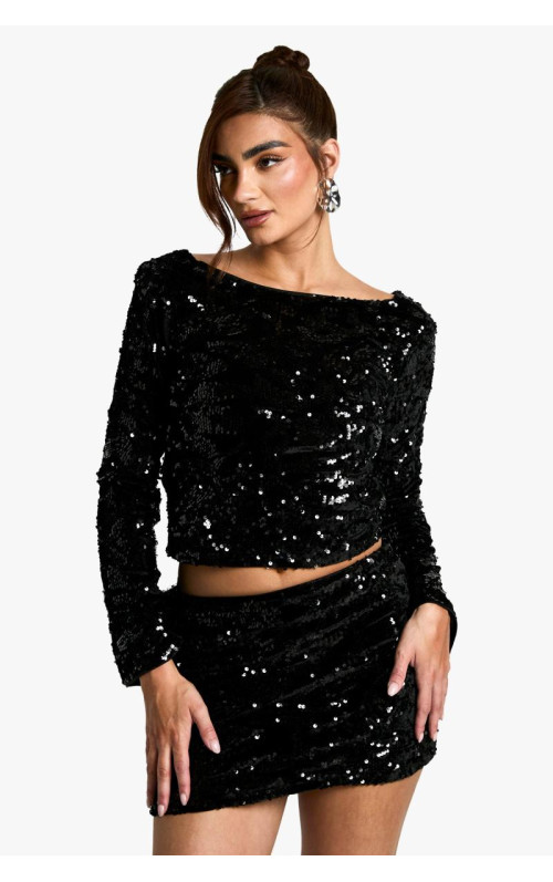 Оксамитовий топ з довгими рукавами з паєтками