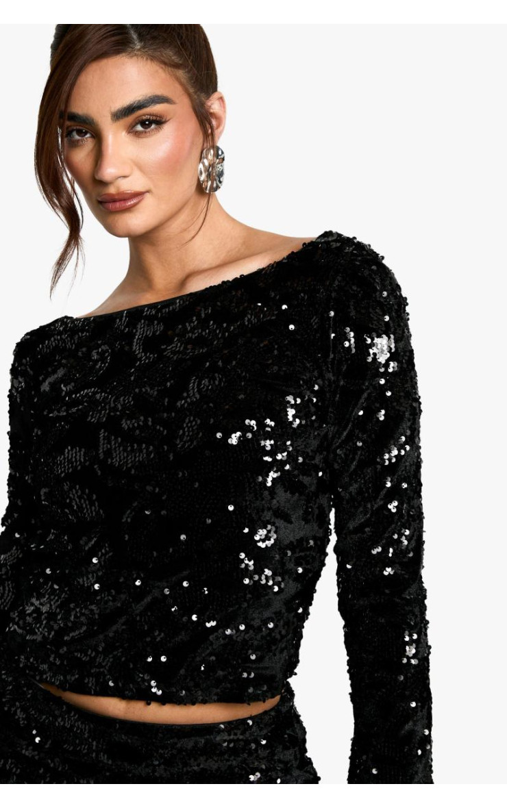 Оксамитовий топ з довгими рукавами з паєтками
