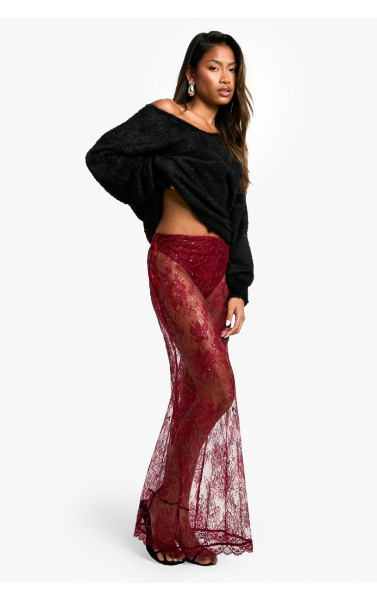 Мереживна спідниця максі з паєтками