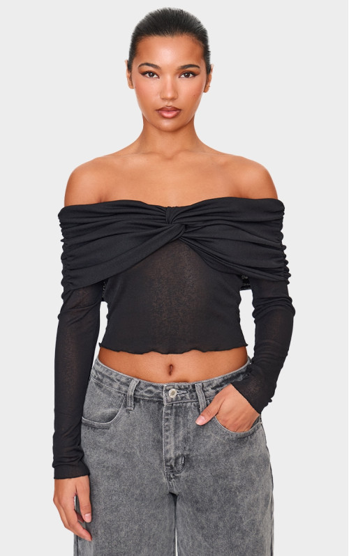 Чорний топ з довгим рукавом Bardot із закрученою сіткою, складкою та деталями