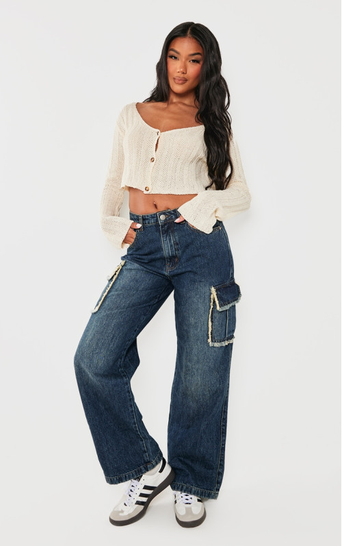 Темно-сині джинси-бойфренди карго з потертими швами і кишенями