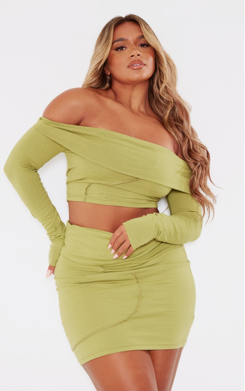 Форма оливкового шва Bardot Detail Foldover Crop Top