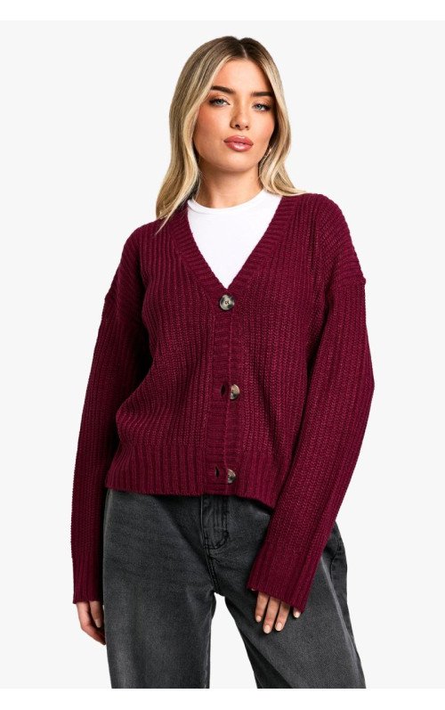 В'язаний кардиган бордового кольору з V-подібним вирізом