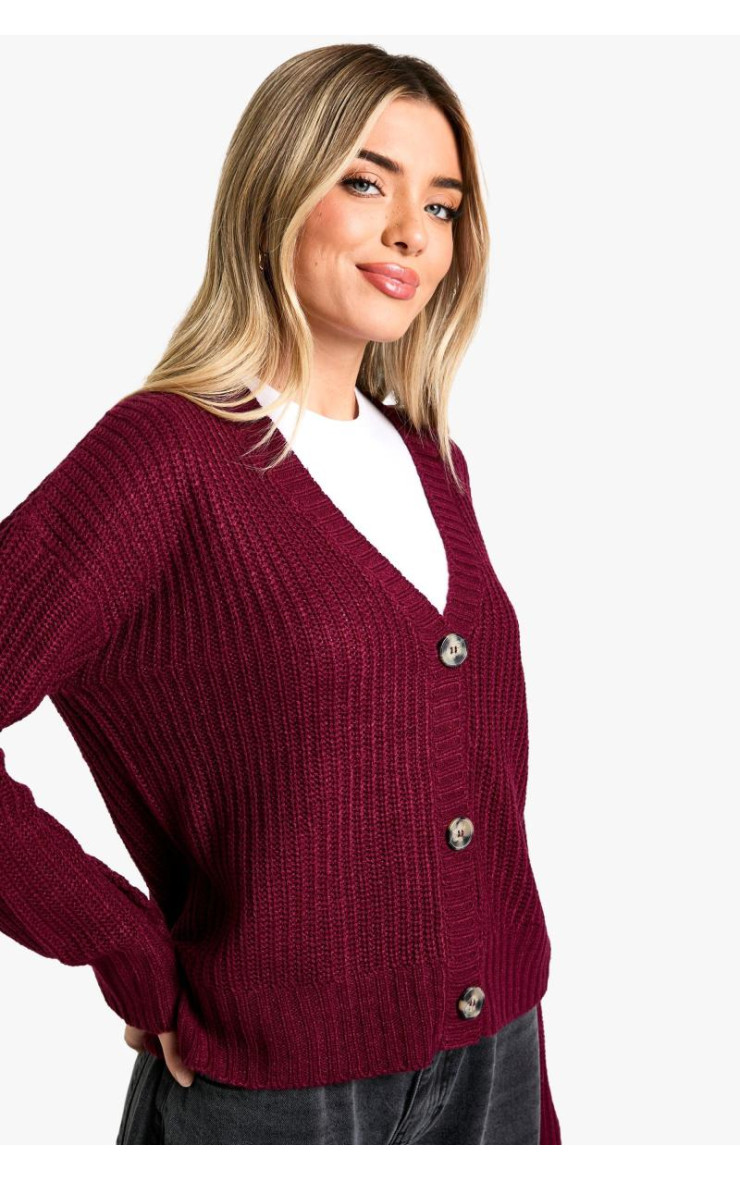В'язаний кардиган бордового кольору з V-подібним вирізом