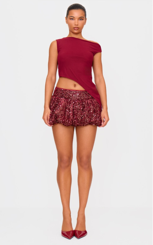 Бордова оксамитова міні-спідниця-пуфбол зі змішаними паєтками