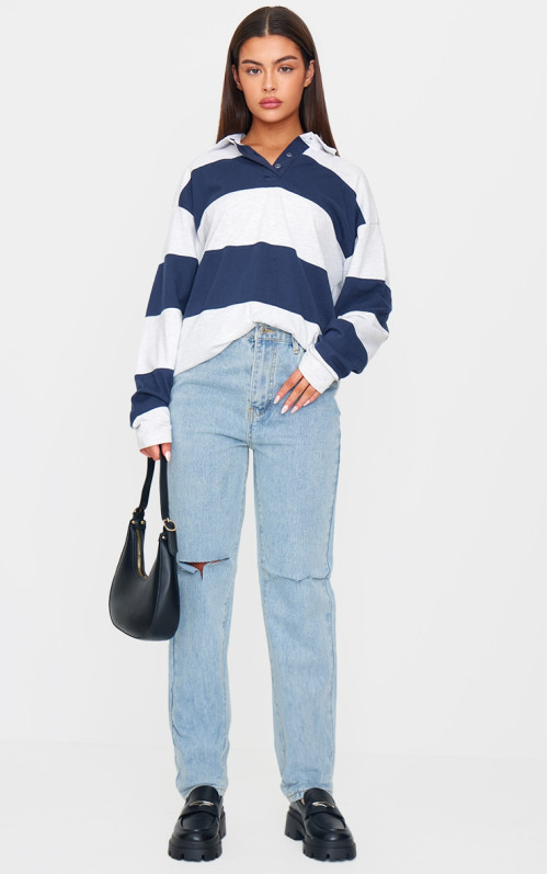 Вінтажні світло-блакитні прямі джинси з розрізом до коліна