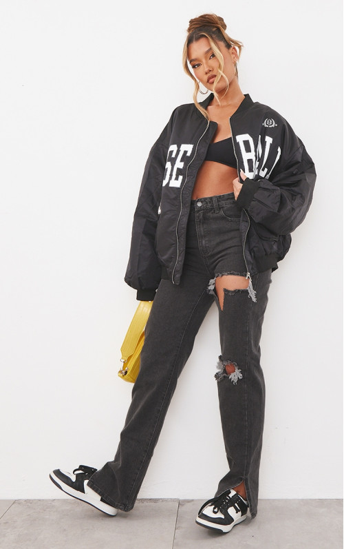 Випрані сірі рвані джинси з розділеним подолом