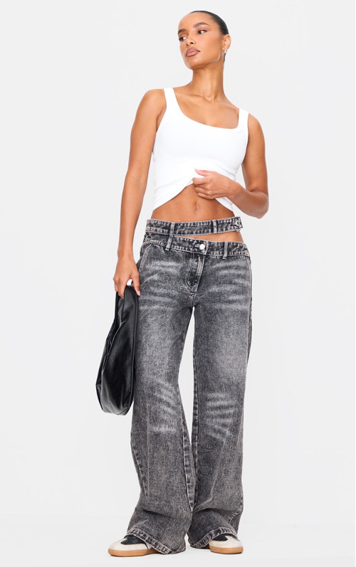 Випрані сірі широкі джинси з вирізаним асиметричним поясом