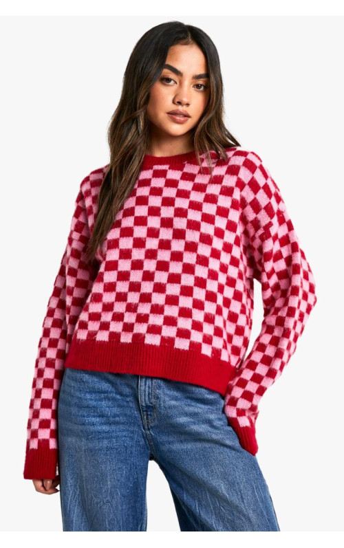 Укорочений джемпер у клітинку з щіткою
