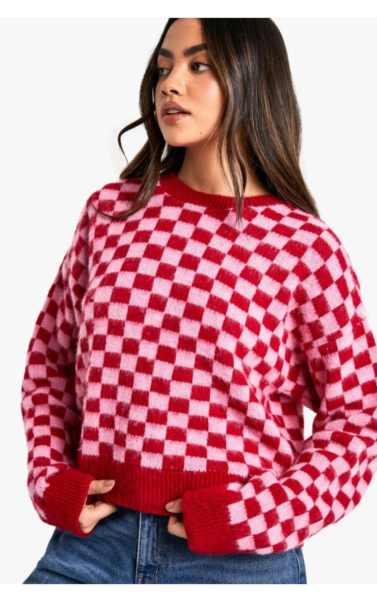 Укорочений джемпер у клітинку з щіткою